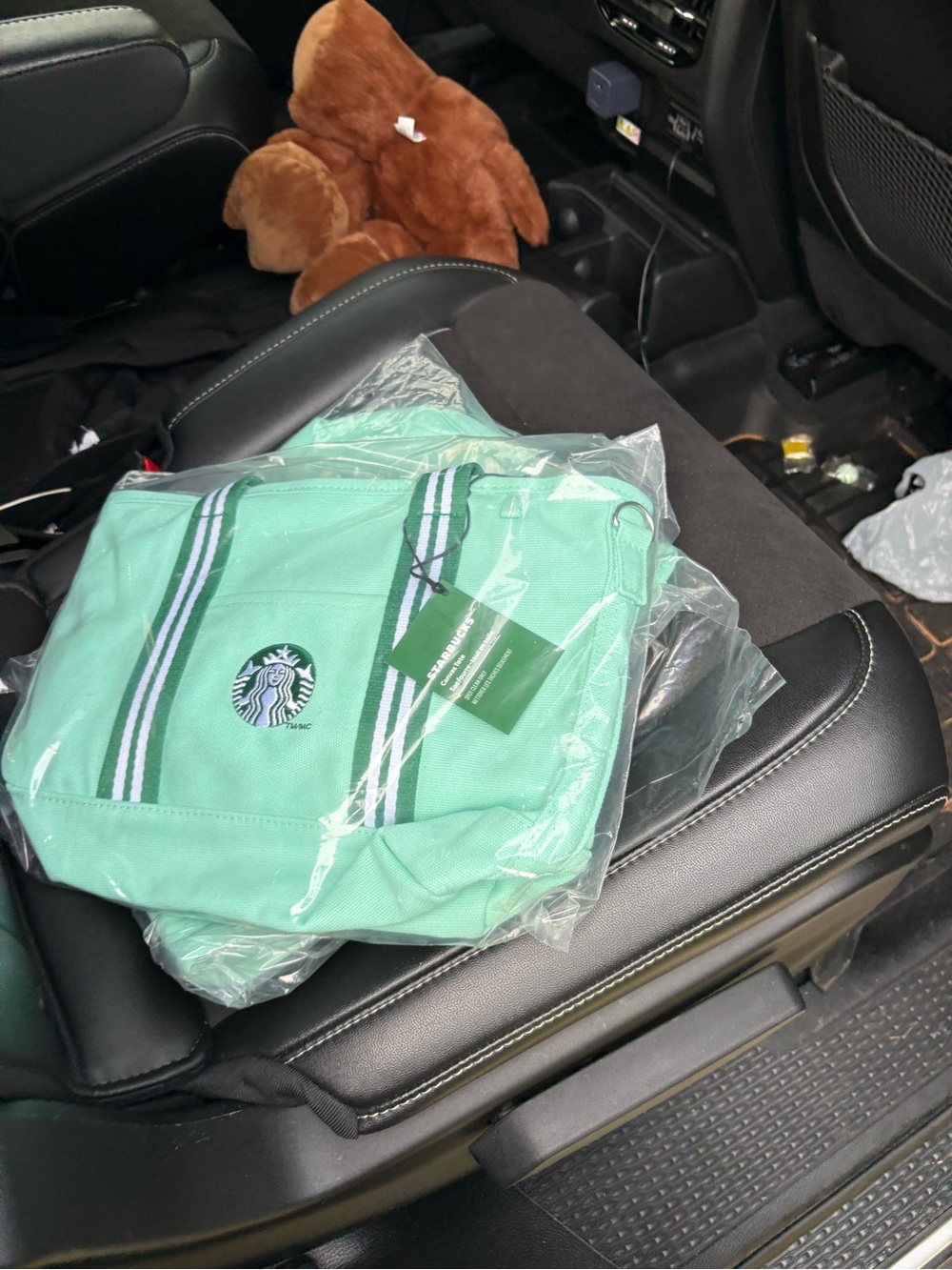 Starbucks Mint Green Canvas Tote with Striped Handles